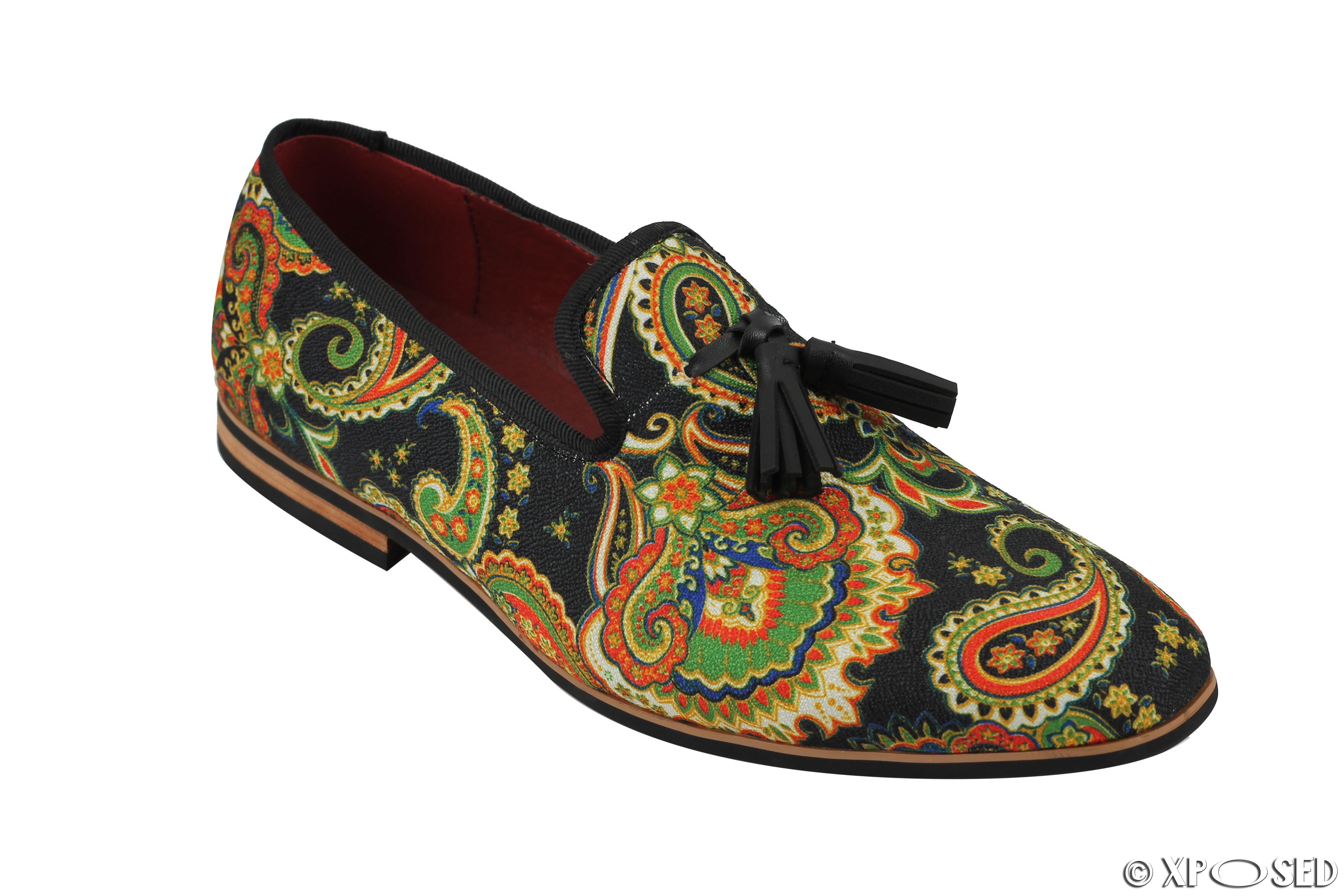 Mens Leather Tassel Loafer Vintage Designer Style Paisley Print Shoes